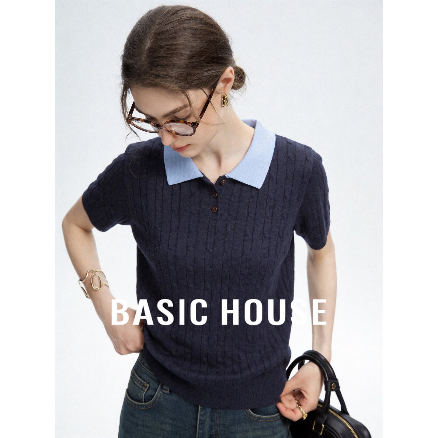 Basic House/百家好polo领口撞色小众设计感针织衫女夏季薄款上衣
