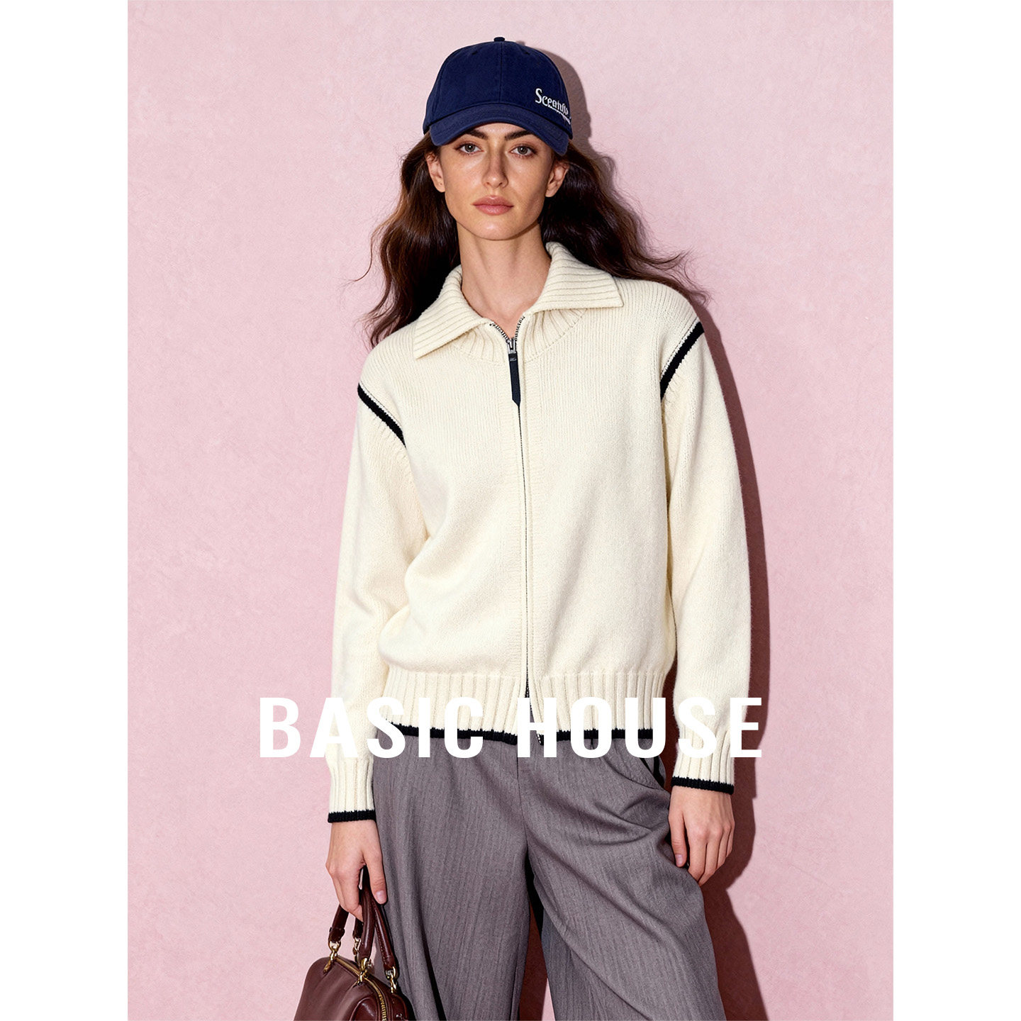 Basic House/百家好秋冬新款撞色拉链百搭毛衣开衫女保暖简约上衣,女装/女士精品,毛衣,淘宝优惠券,粉丝福利购,淘宝优惠卷