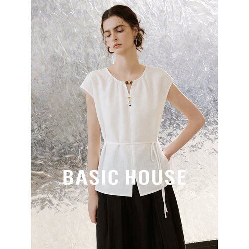 Basic House/百家好白色莱赛尔圆领短袖衬衫女夏收腰显瘦优雅上衣