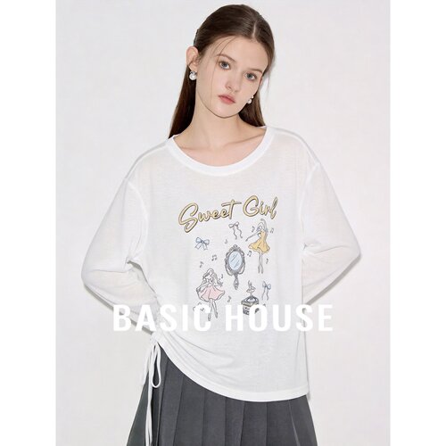 Basic House/百家好白色韩系长袖T恤女2026夏季莱赛尔轻薄防晒衫