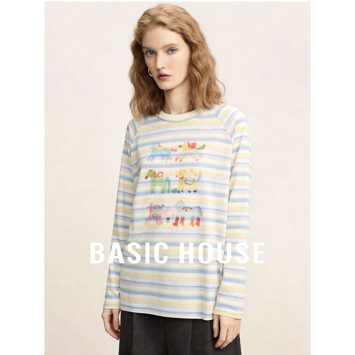 Basic House/百家好莱赛尔休闲风彩色条纹长袖T恤女百搭显瘦上衣
