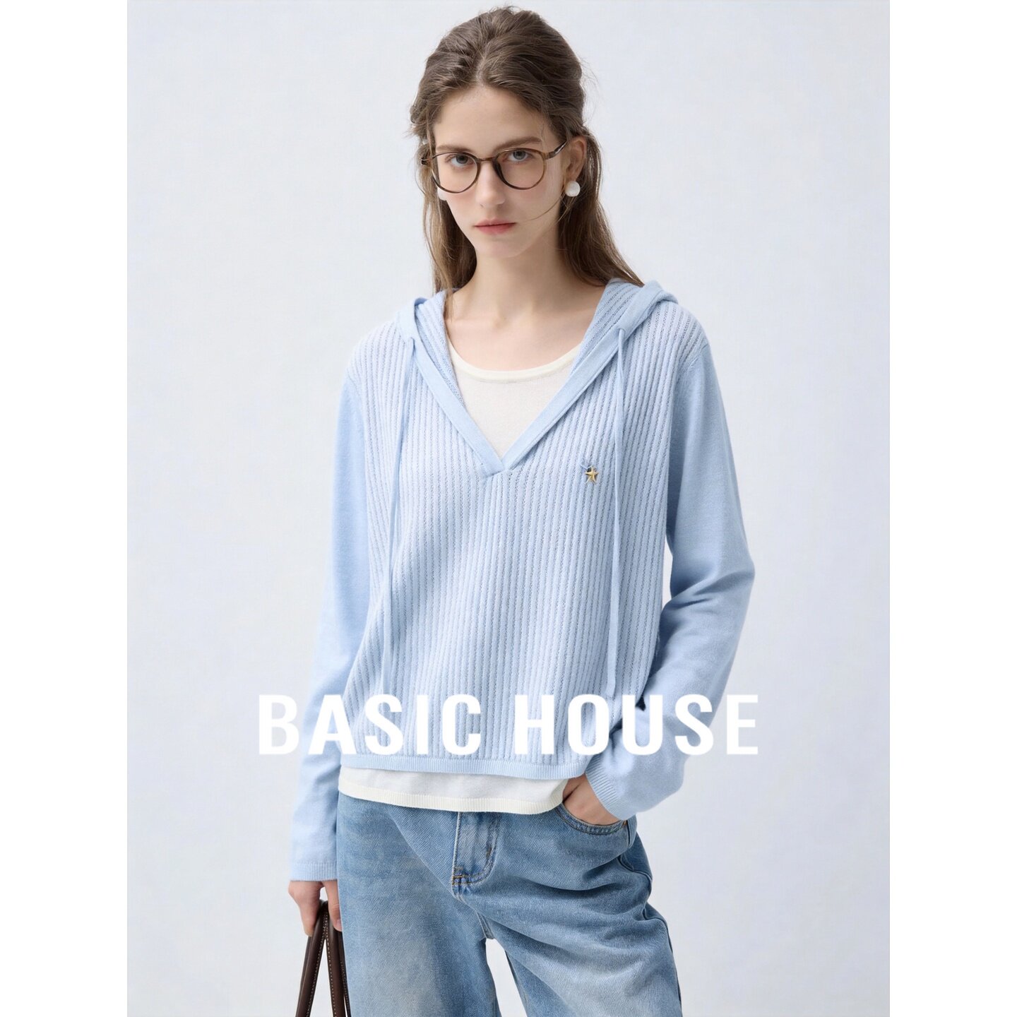 Basic House/百家好假两件连帽羊毛针织衫女秋蓝色宽松慵懒风上衣