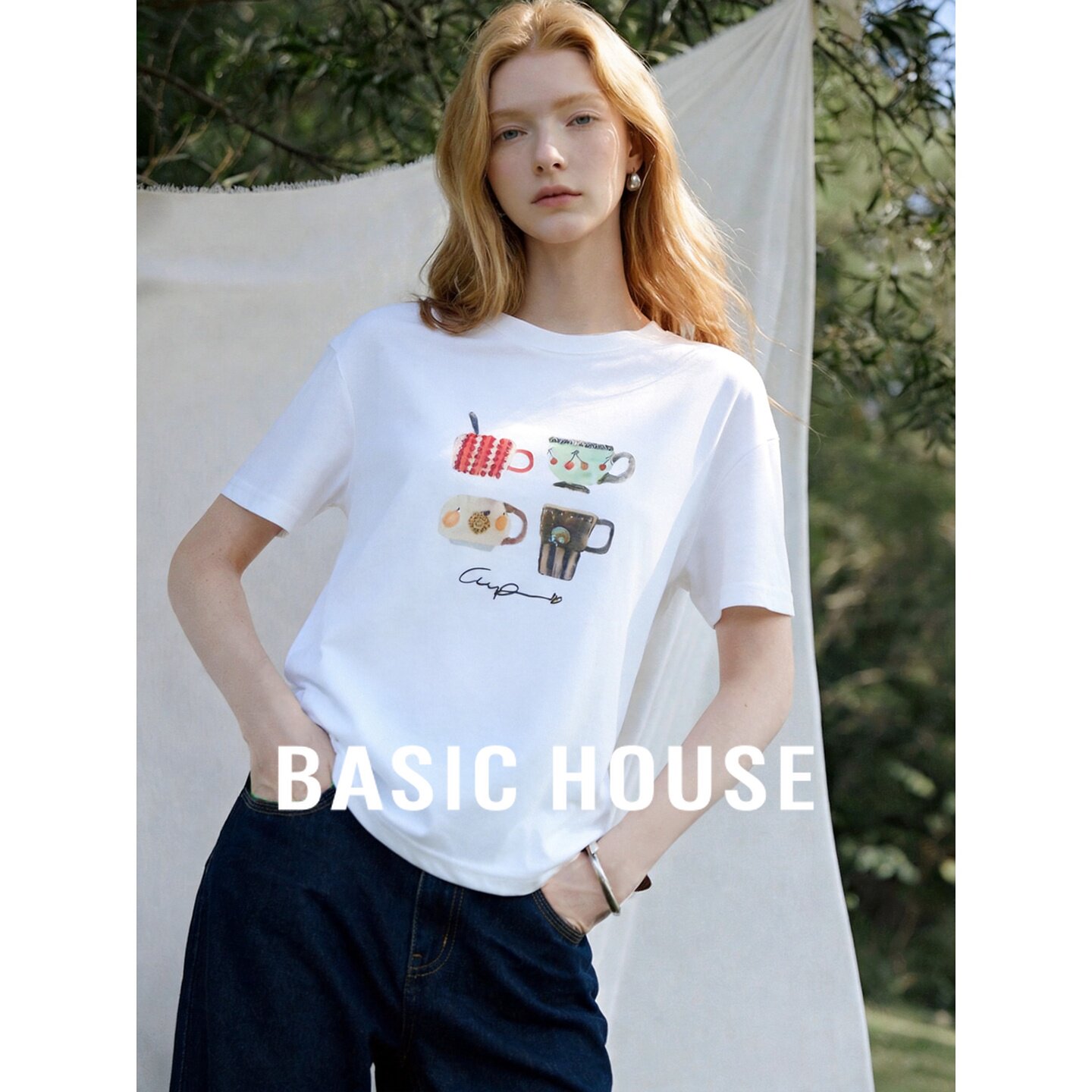 Basic House/百家好韩式卡通印花短袖T恤女夏季修身显瘦白色上衣