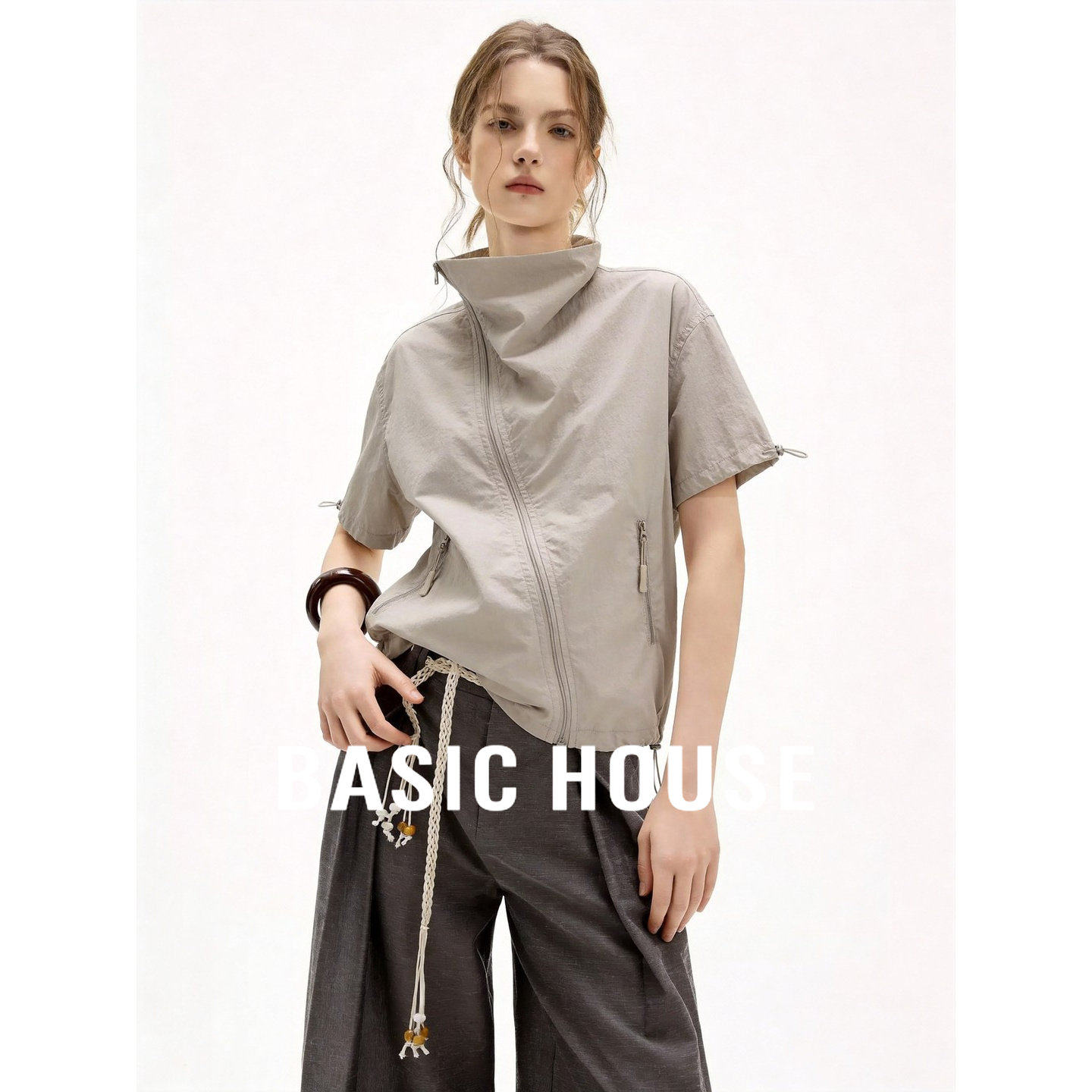 Basic House/百家好机能风立领短袖衬衫女夏季灰卡其轻量防晒上衣