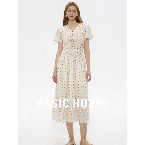 Basic House/百家好法式复古波点连衣裙夏季新款荷叶边V领中长裙