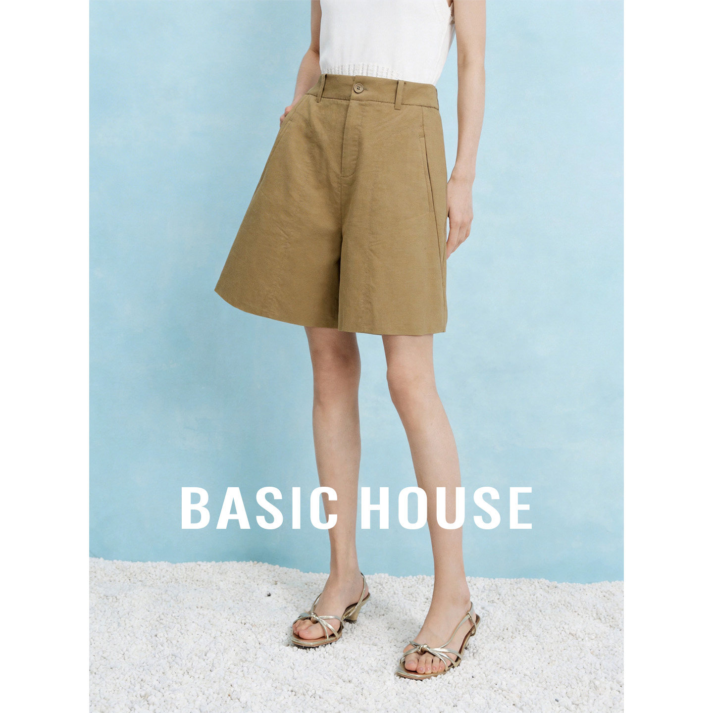 Basic House/百家好卡其色高腰简约休闲裤女夏季新款亚麻舒适短裤