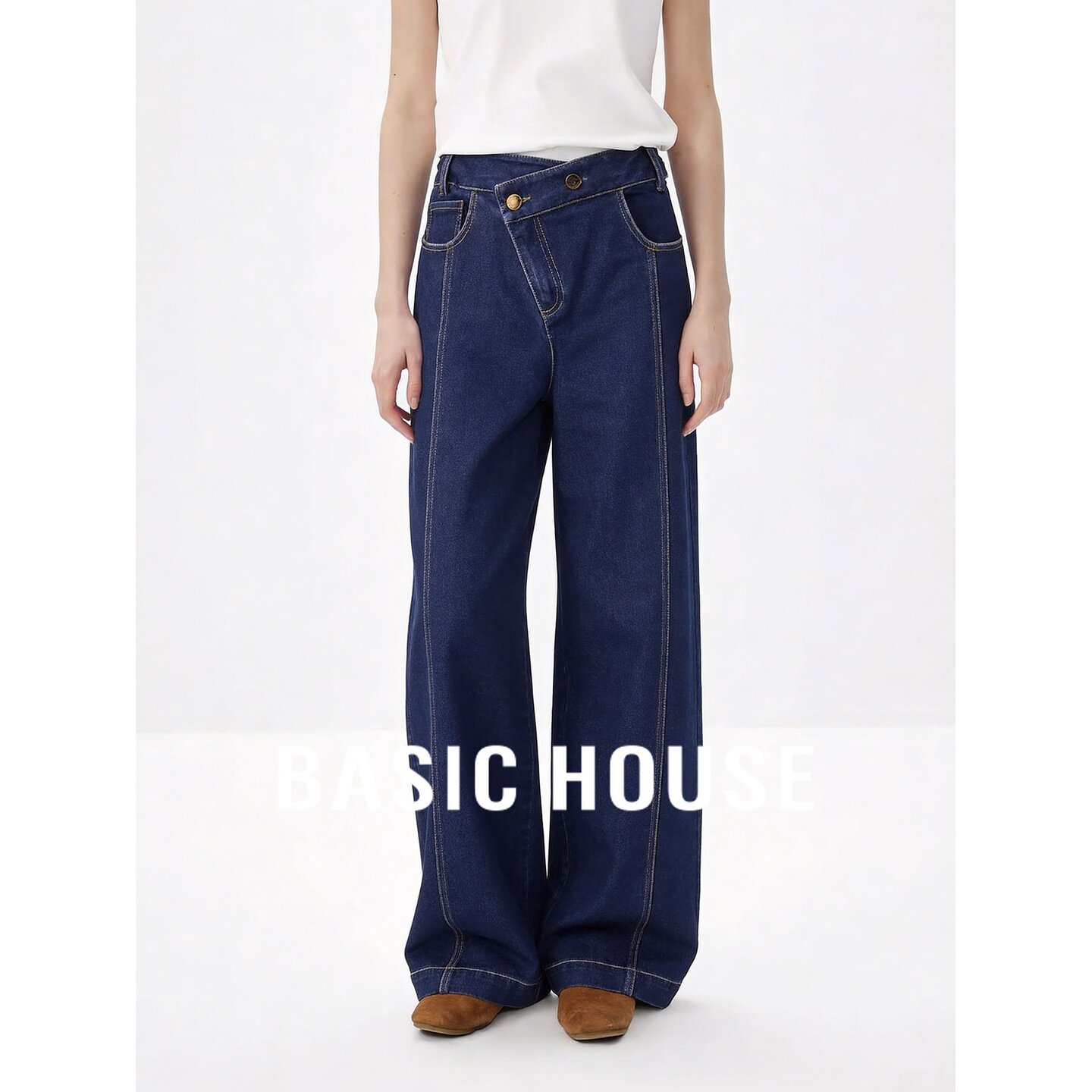 Basic House/百家好高腰深蓝牛仔阔腿裤女夏宽松直筒长裤显瘦百搭