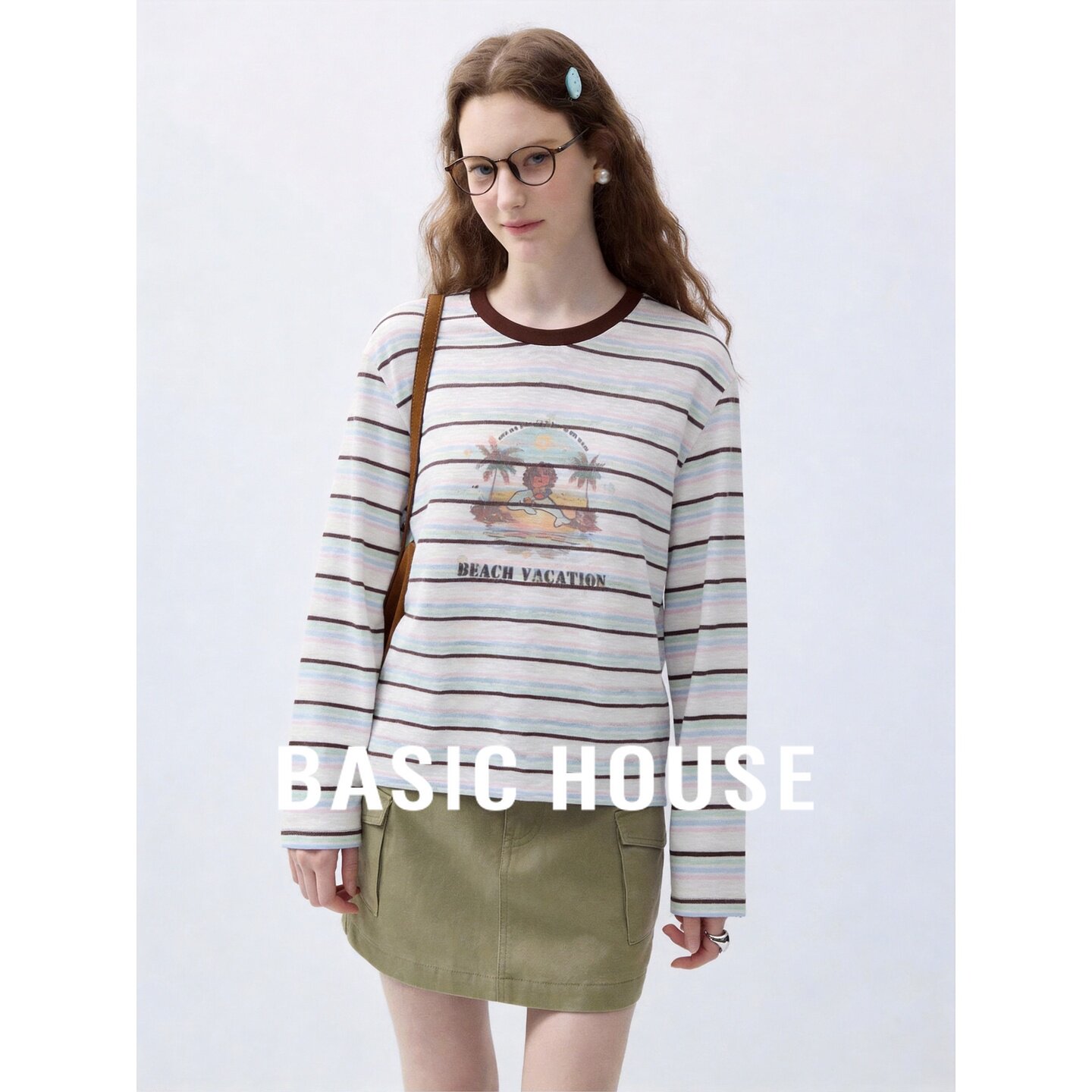 Basic House/百家好撞色条纹印花长袖T恤女韩版宽松百搭好看罩衫