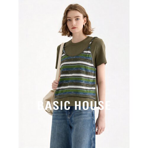 Basic House/百家好卡其色简约条纹假两件短袖T恤女显瘦百搭上衣