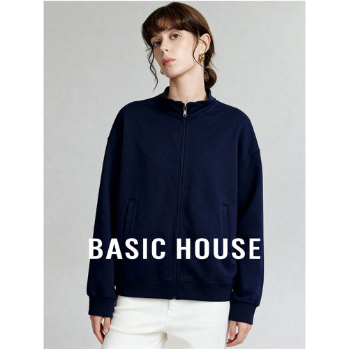 Basic House/百家好2026春季新款纯色立领拉链卫衣女简约百搭上衣