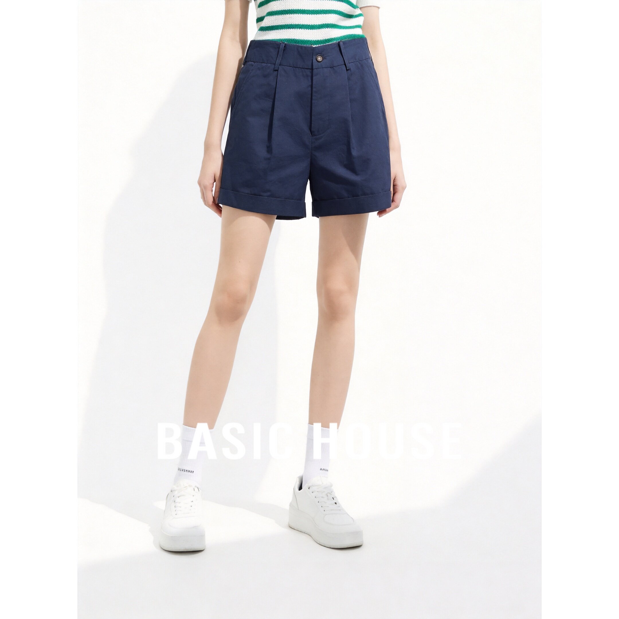 Basic House/百家好优雅高腰纯棉短裤女夏季藏蓝色百搭宽松休闲裤