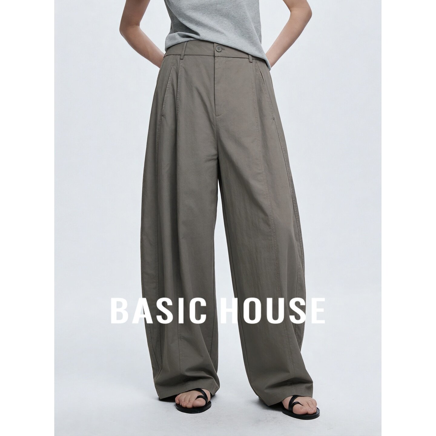 Basic House/百家好高腰阔腿裤女夏季垂感宽松显瘦极简浅灰色通勤