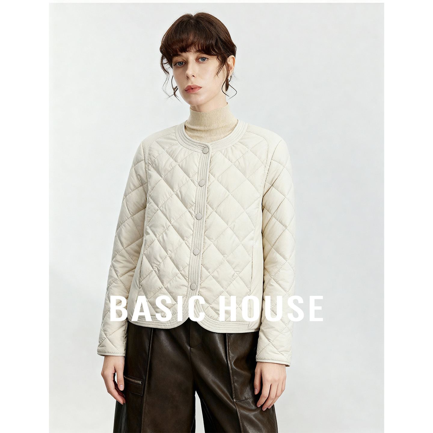 Basic House/百家好圆领轻薄白鸭绒羽绒服女秋冬新款保暖百搭外套