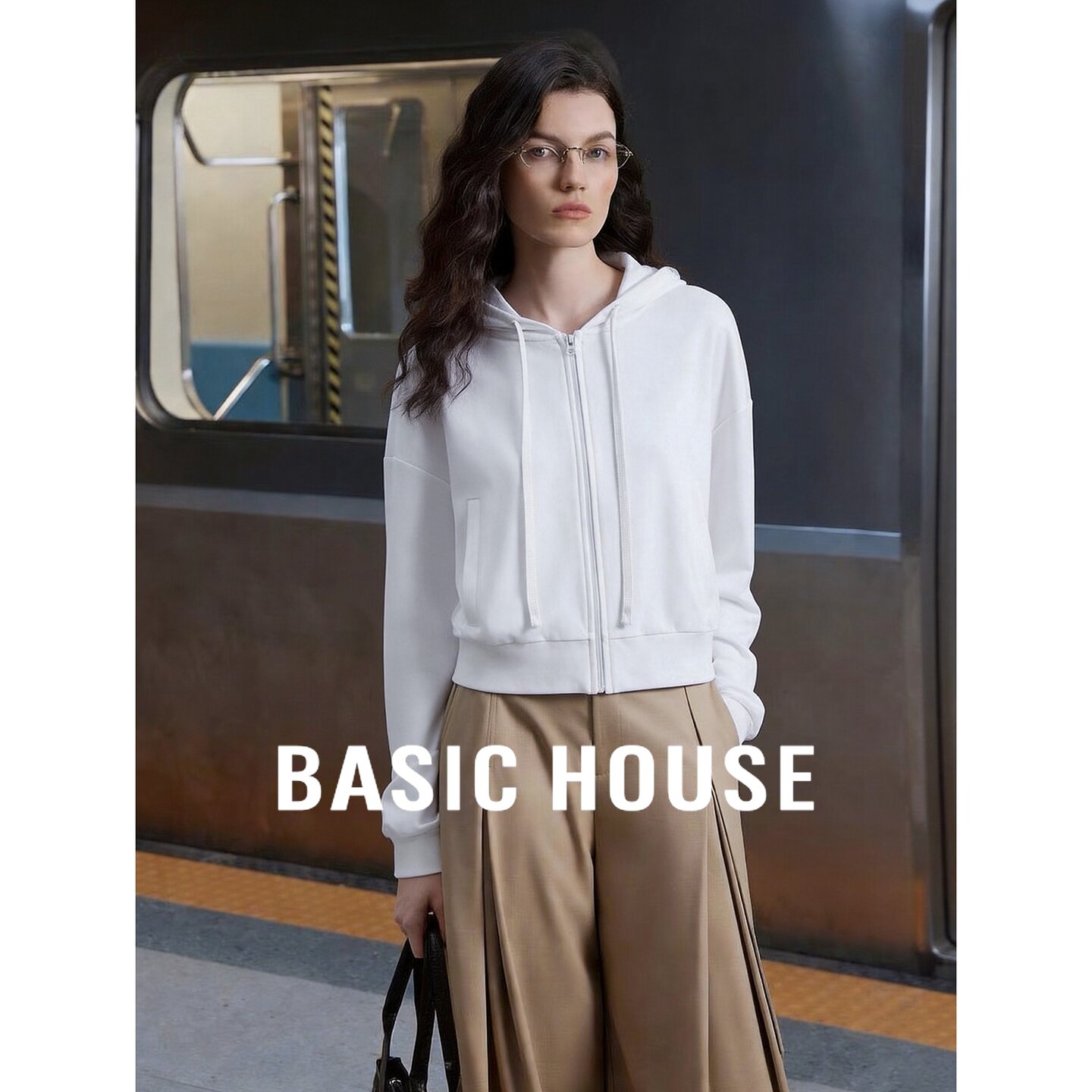 Basic House/百家好连帽拉链短款宽松纯棉长袖休闲外套女日常百搭