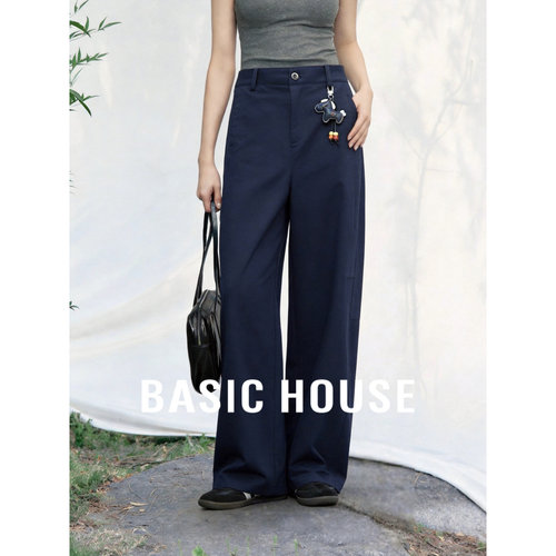 Basic House/百家好藏青色小马挂件简约阔腿裤女夏高腰宽松休闲裤