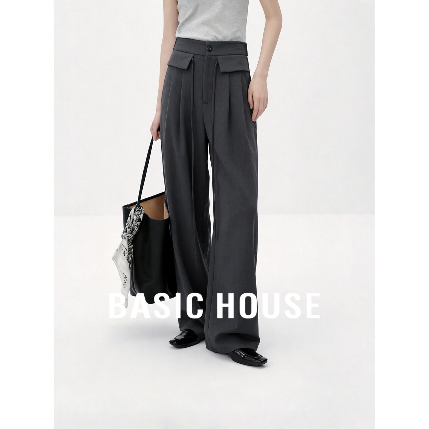 Basic House/百家好垂感灰色亚麻阔腿裤高腰纽扣系带宽松显瘦休闲