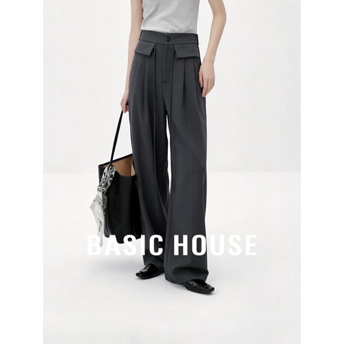 Basic House/百家好垂感灰色亚麻阔腿裤高腰纽扣系带宽松显瘦休闲