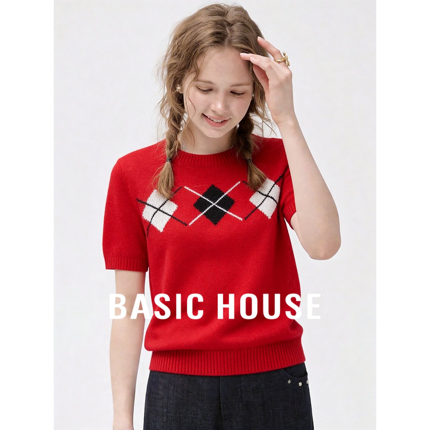 Basic House/百家好韩系学院风红色菱格纹短袖针织衫复古百搭上衣