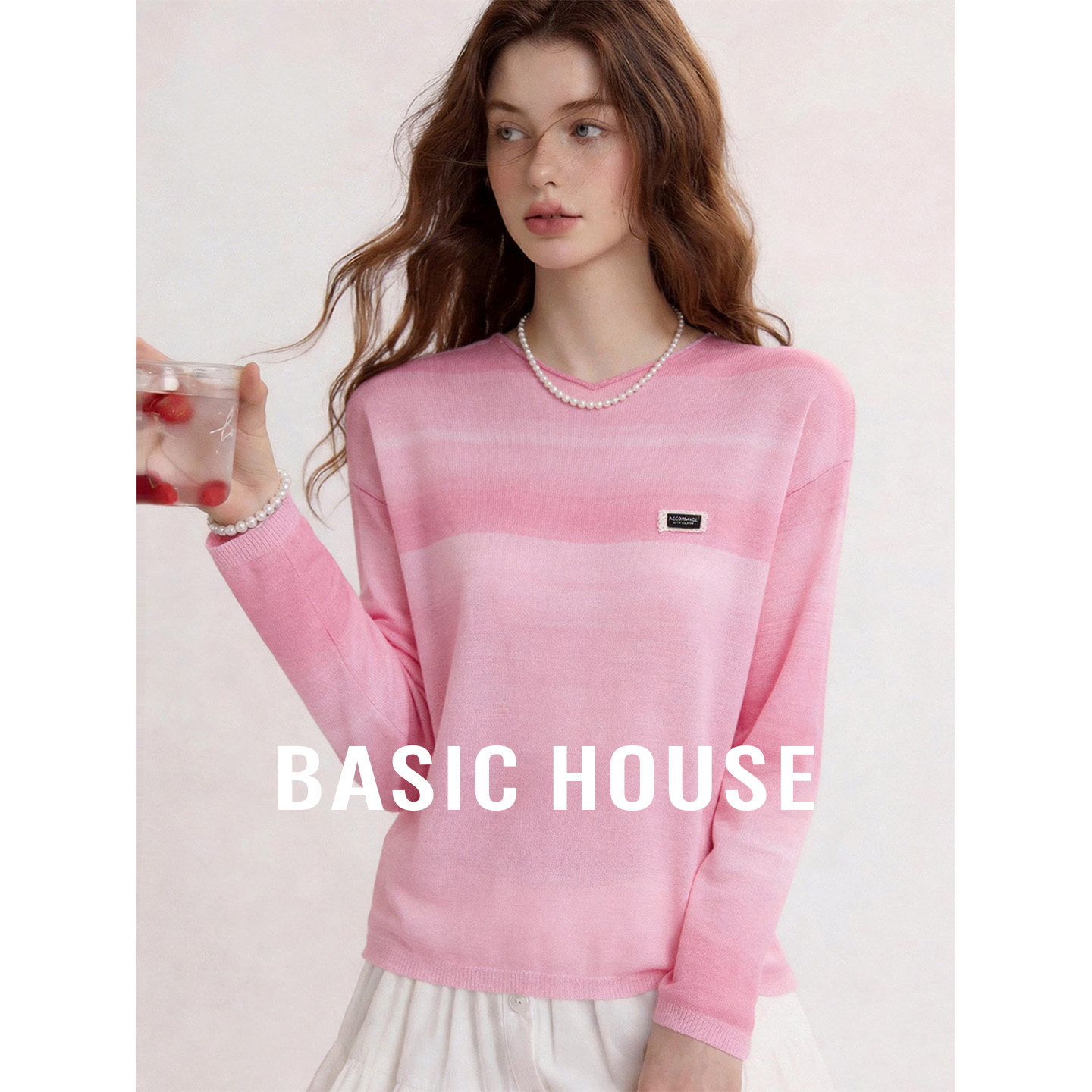 Basic House/百家好圆领渐变条纹宽松针织衫秋季薄款长袖套头上衣