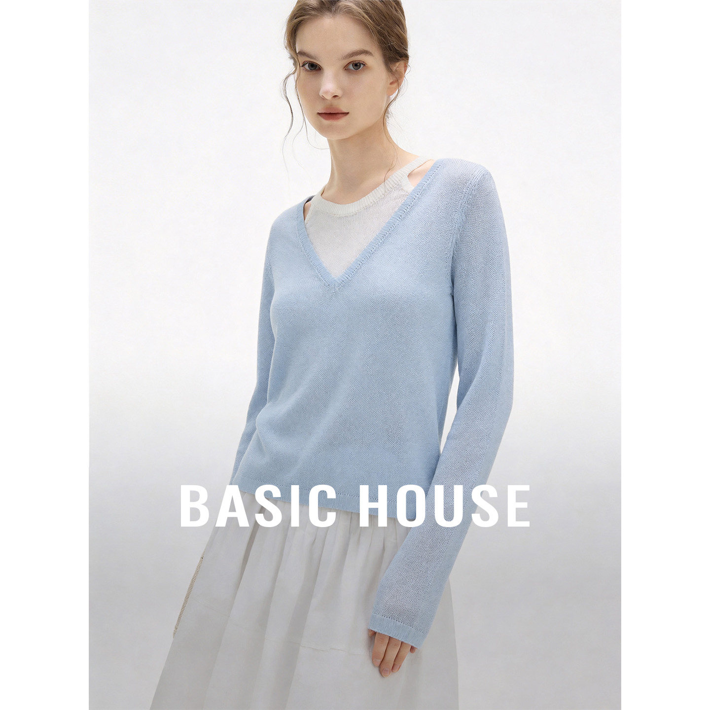 Basic House/百家好莱赛尔假两件露肩针织衫夏季新款宽松薄款上衣