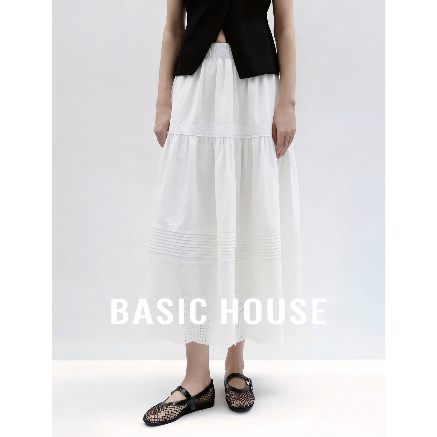 Basic House/百家好温柔风蕾丝半身裙女夏中长款蛋糕裙层次感半裙