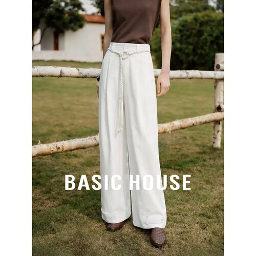 Basic House/百家好白色莱赛尔高腰阔腿裤女夏宽松显瘦直筒休闲裤