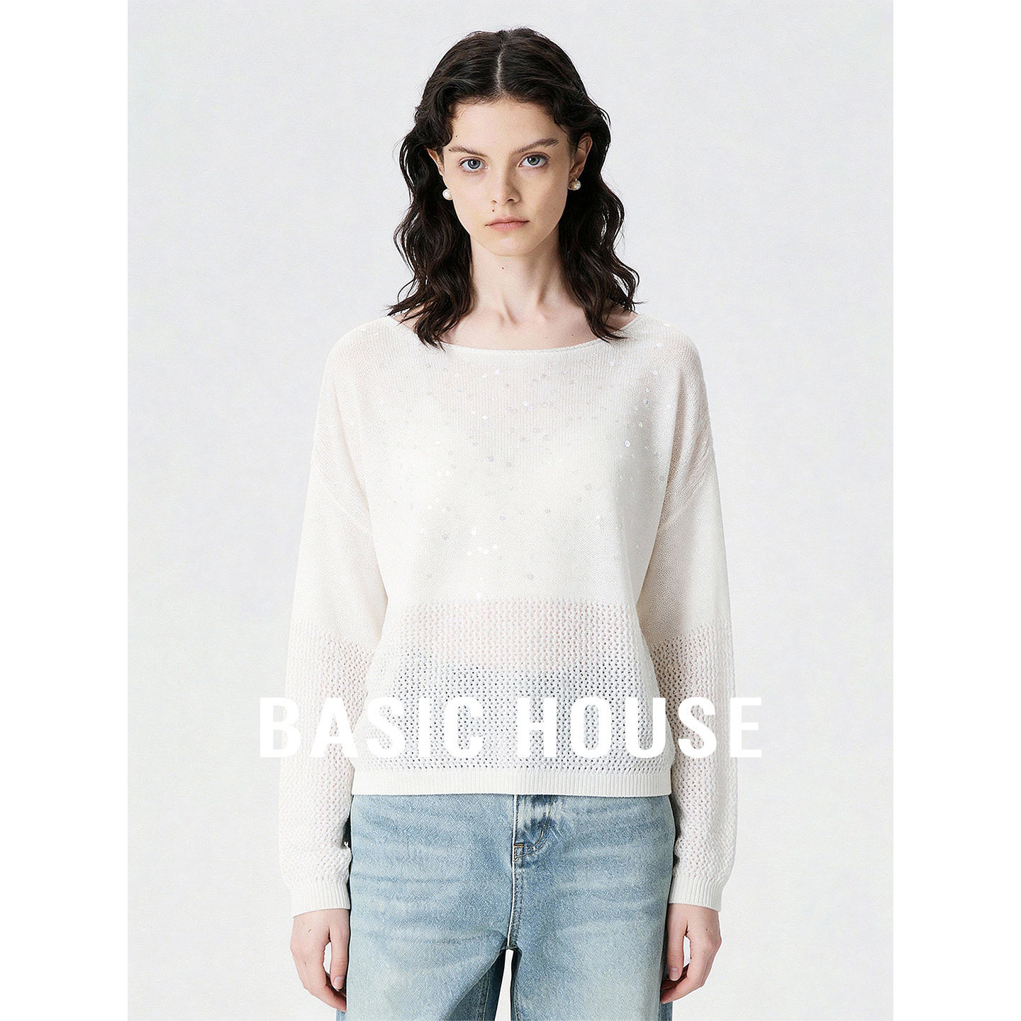 Basic House/百家好白色圆领亮片镂空设计针织衫女秋温柔百搭上衣