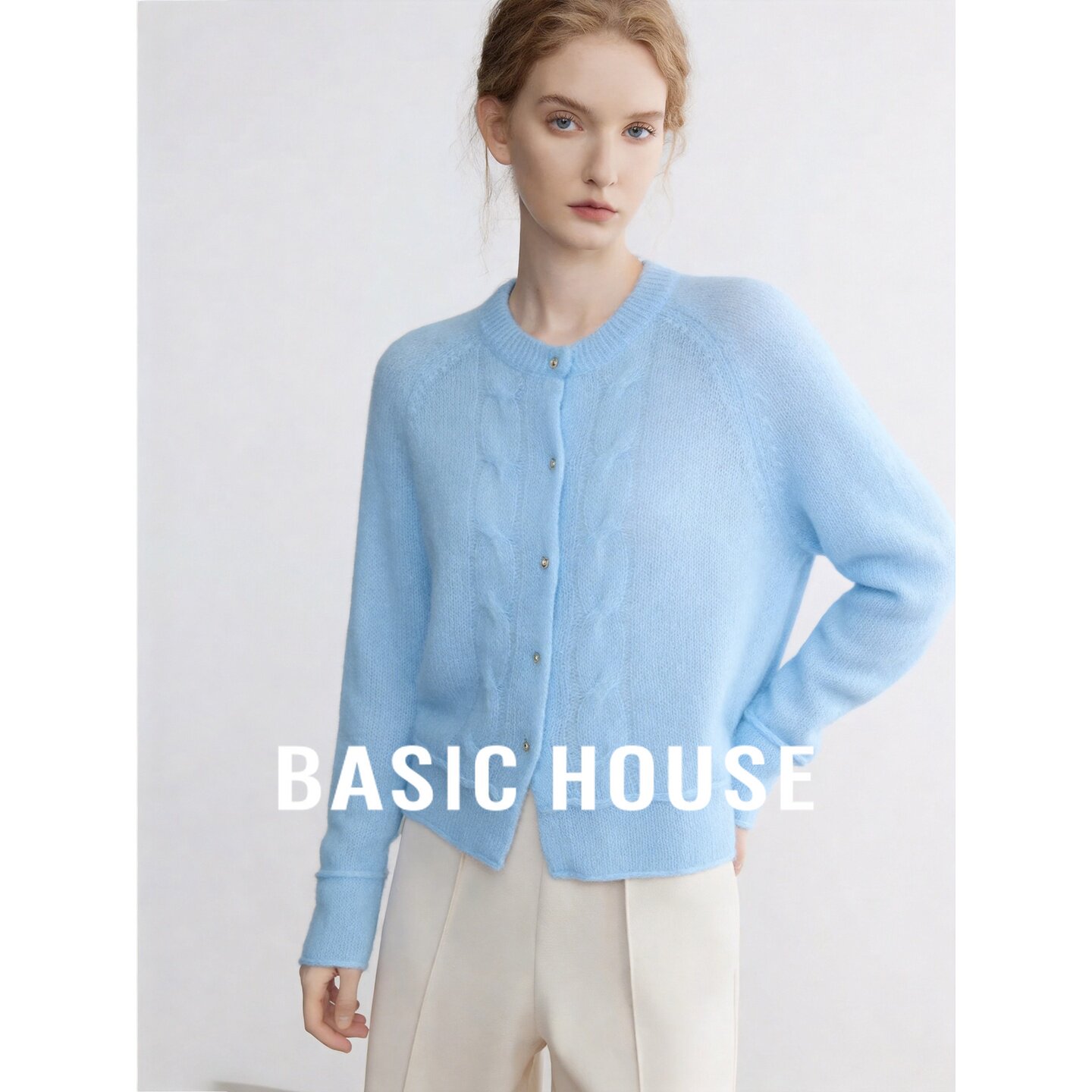 Basic House/百家好圆领针织开衫女蓝色纽扣镂空软糯毛衣开衫外搭