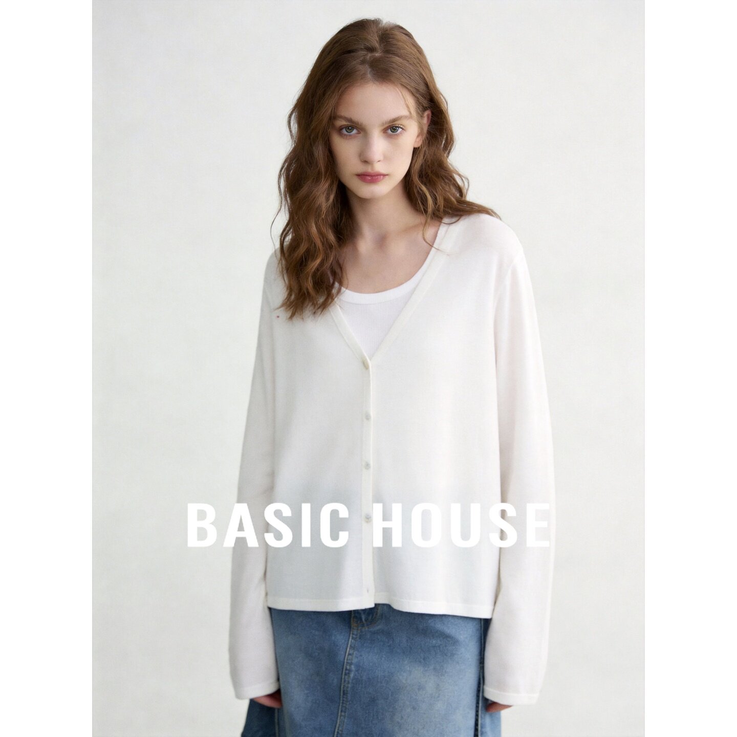Basic House/百家好2026新款V领针织开衫女两件套韩版百搭简约