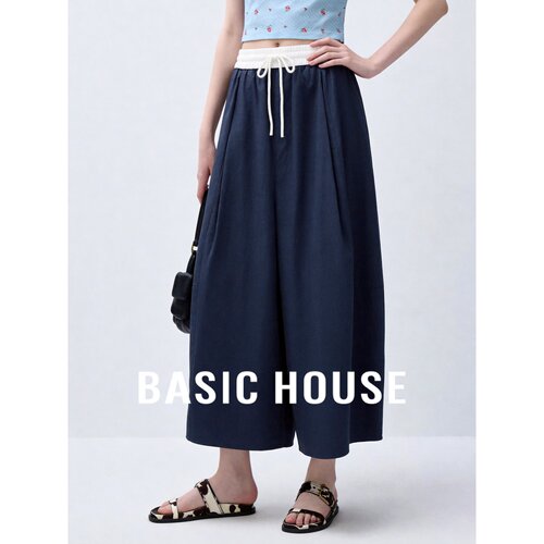 Basic House/百家好莱赛尔藏青色阔腿裤女高腰系带宽松显瘦休闲裤