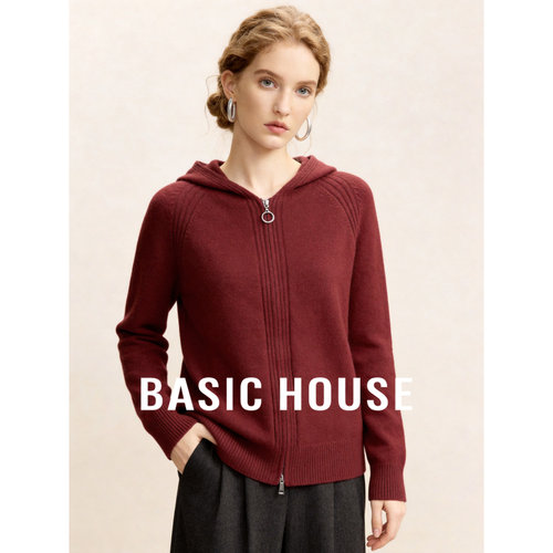 Basic House/百家好复古红连帽拉链针织开衫女宽松百搭毛衣外套