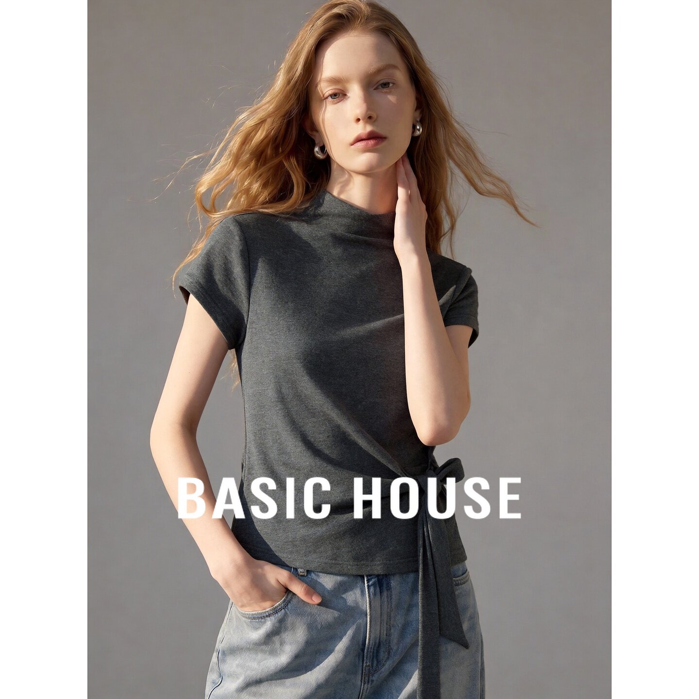 Basic House/百家好灰色优雅短袖针织衫女秋季半高领褶皱系带上衣