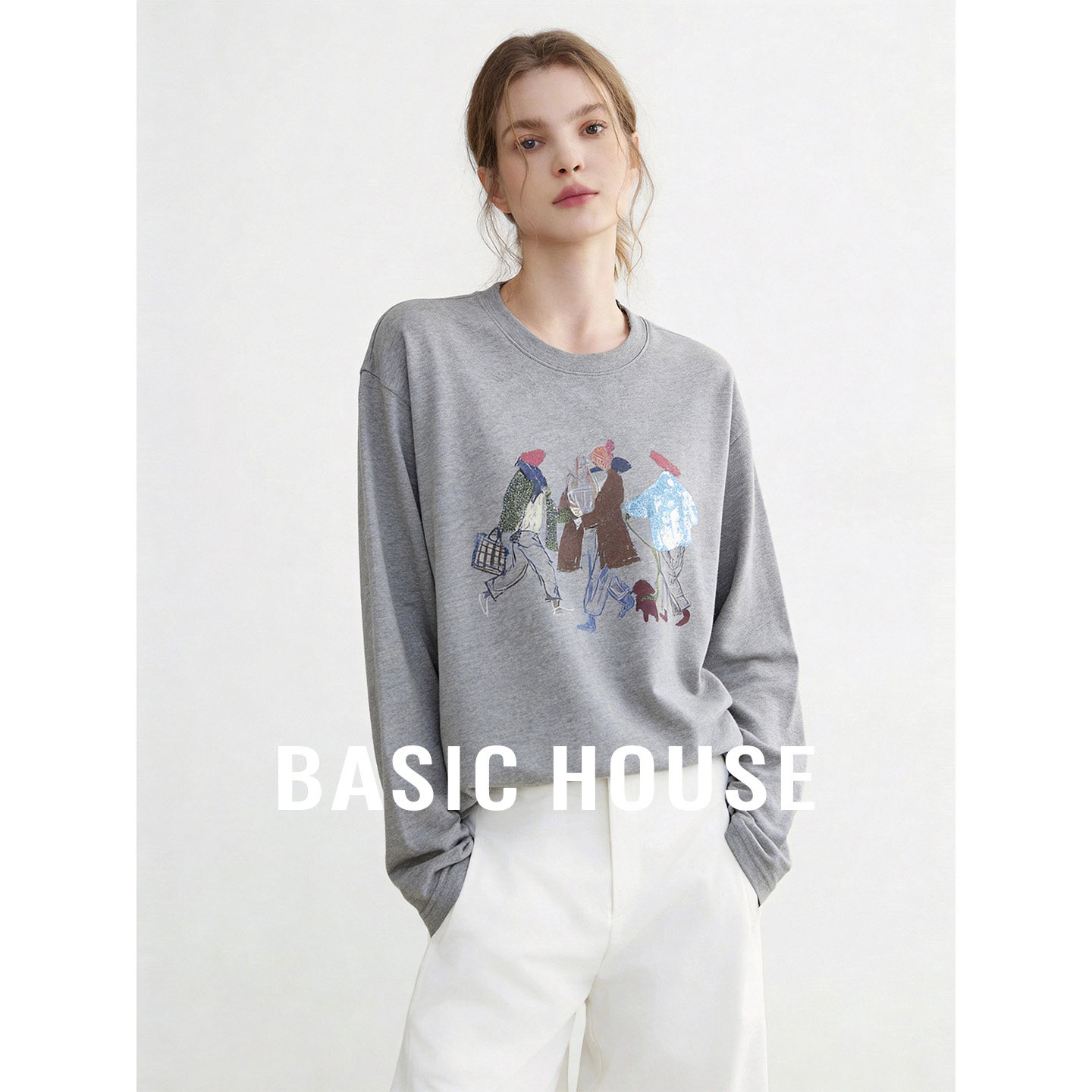 Basic House/百家好复古印花长袖T恤女2026春季宽松遮肉休闲上衣