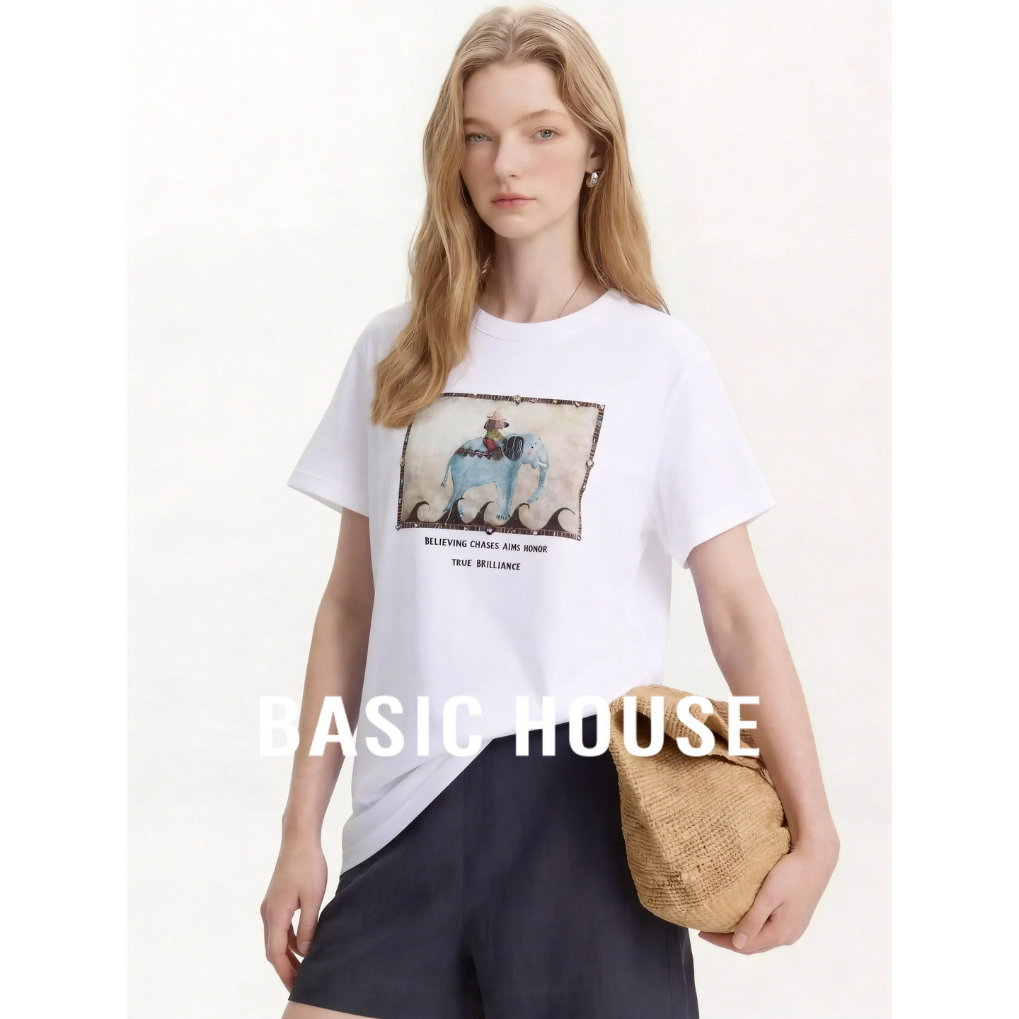 Basic House/百家好简约小象印花T恤短袖女夏季白色百搭显瘦上衣