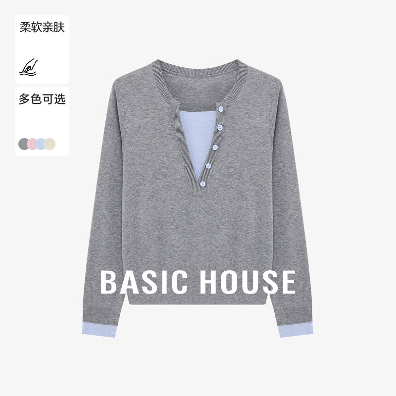 Basic House/百家好韩版假两件针织衫女春季新款宽松休闲V领上衣