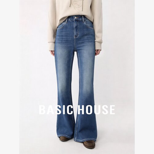 Basic House/百家好莱赛尔复古高腰微喇牛仔裤修身显瘦直筒喇叭裤