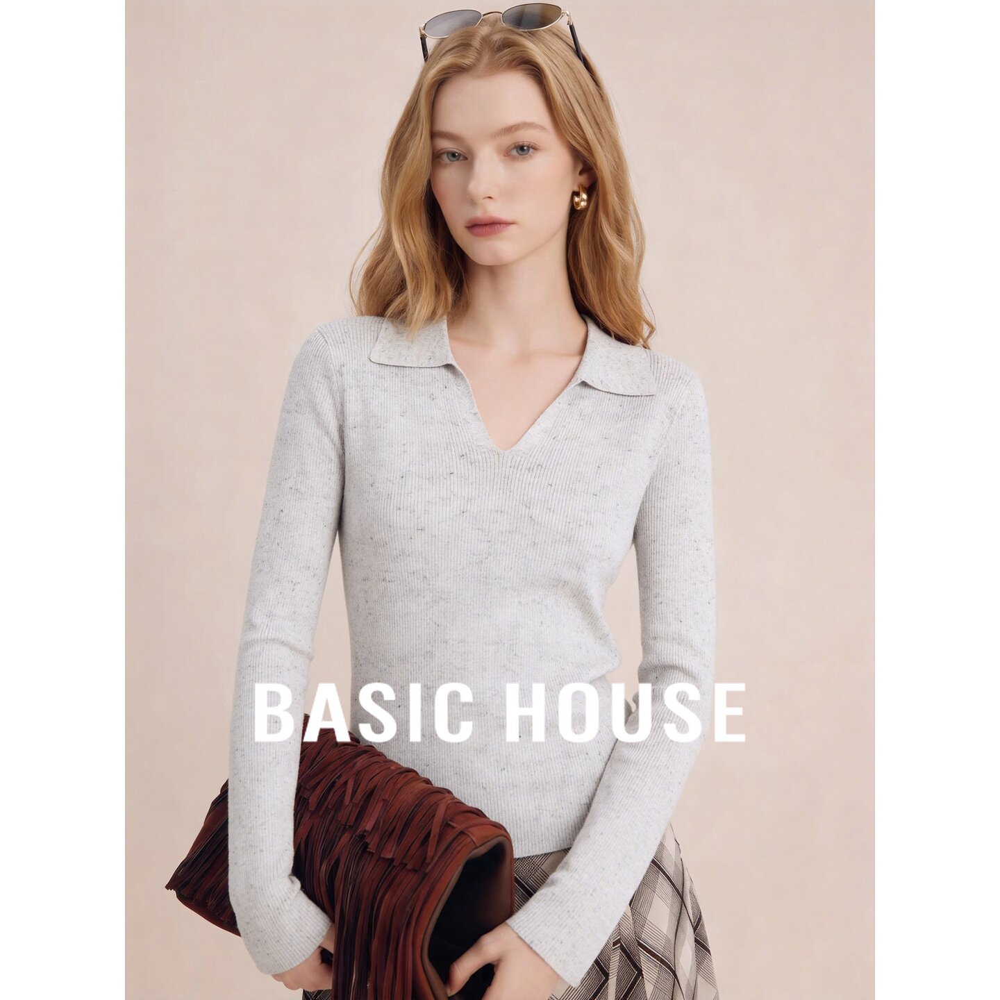 Basic House/百家好优雅风白色羊毛针织衫女秋季修身显瘦百搭上衣