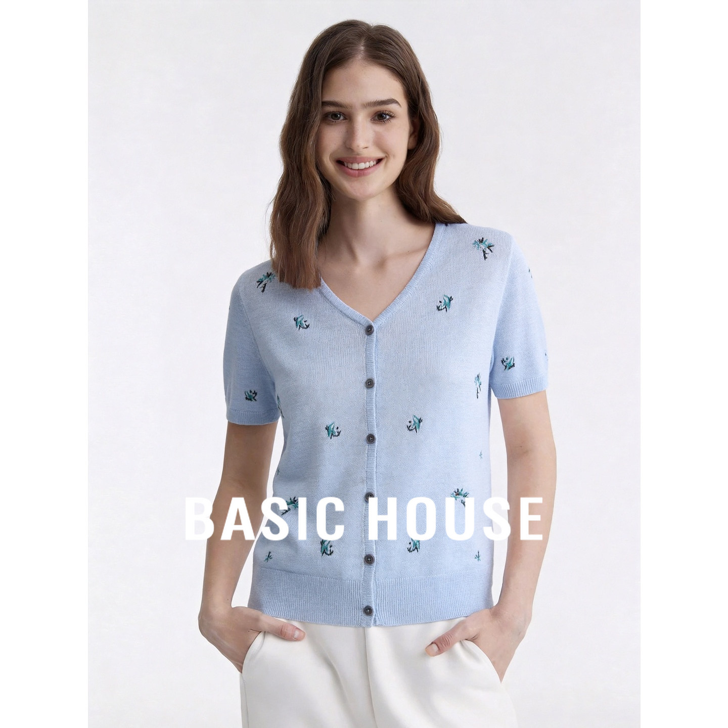 Basic House/百家好V领短袖刺绣针织开衫女蓝色温柔显瘦减龄上衣