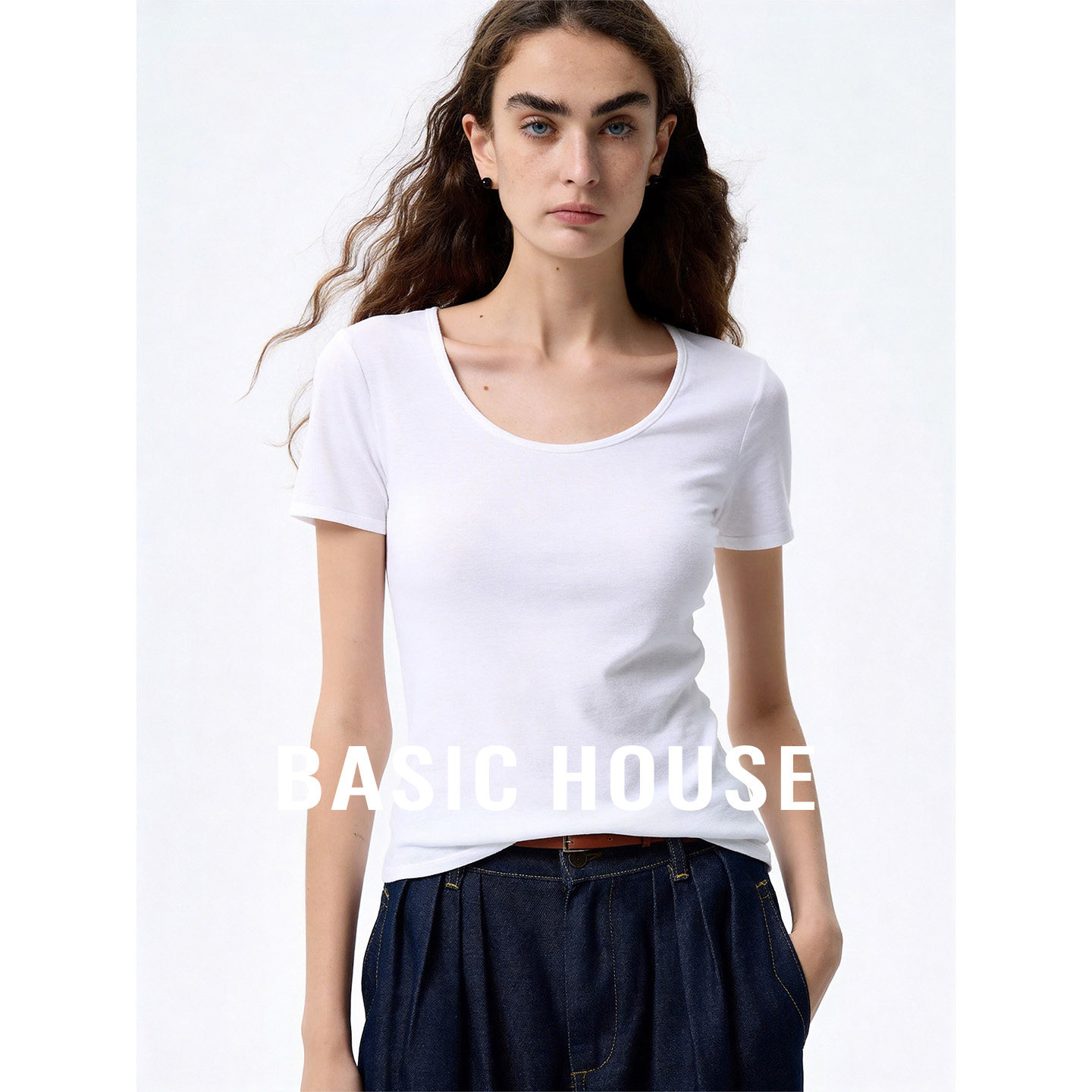 Basic House/百家好2026纯色U领短袖打底T恤夏季百搭短款内搭上衣