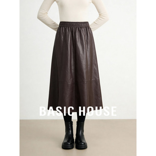 Basic House/百家好秋冬PU皮A字松紧腰半身裙复古咖色中长款裙子