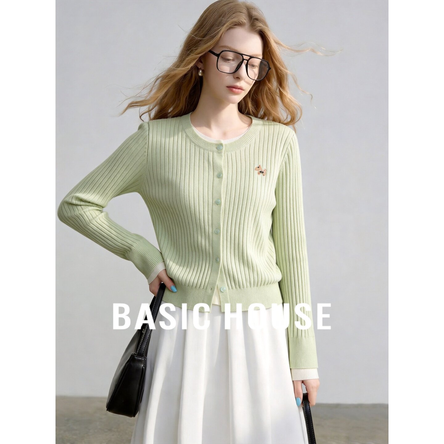 Basic House/百家好莱赛尔假两件针织开衫女绿色长袖上衣针织衫