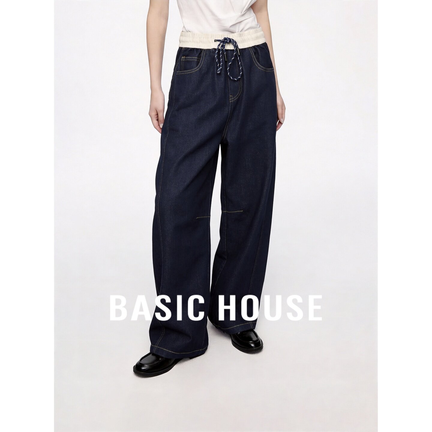 Basic House/百家好2026秋季含棉深蓝高腰系带宽松水洗直筒牛仔裤