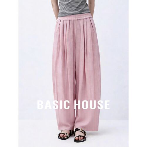 Basic House/百家好粉色休闲裤女夏季轻薄宽松压褶阔腿裤韩版通勤