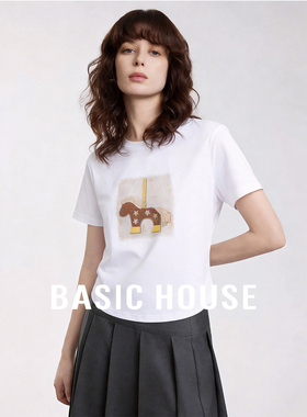 Basic House/百家好白色圆领小马印花短袖T恤女夏季舒适百搭上衣