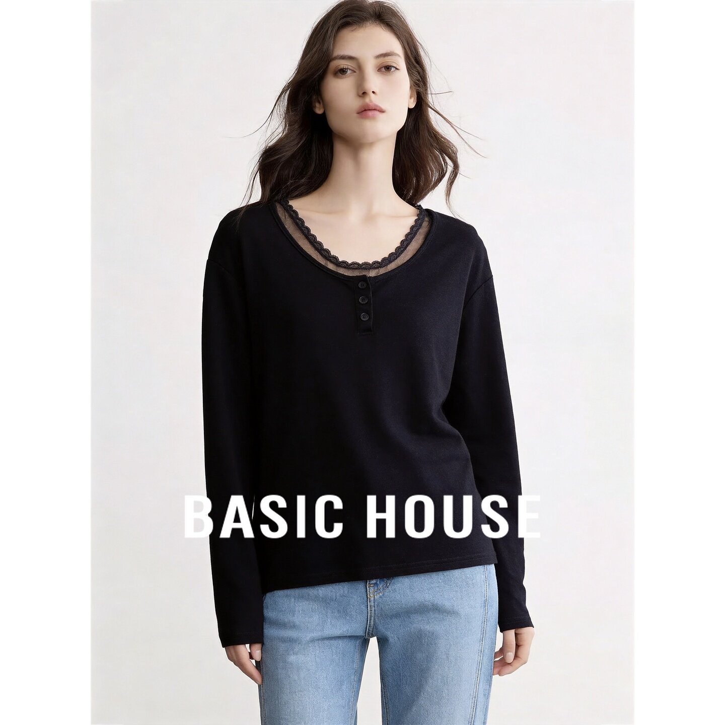Basic House/百家好黑色长袖棉质亨利领蕾丝拼接T恤女慵懒风百搭