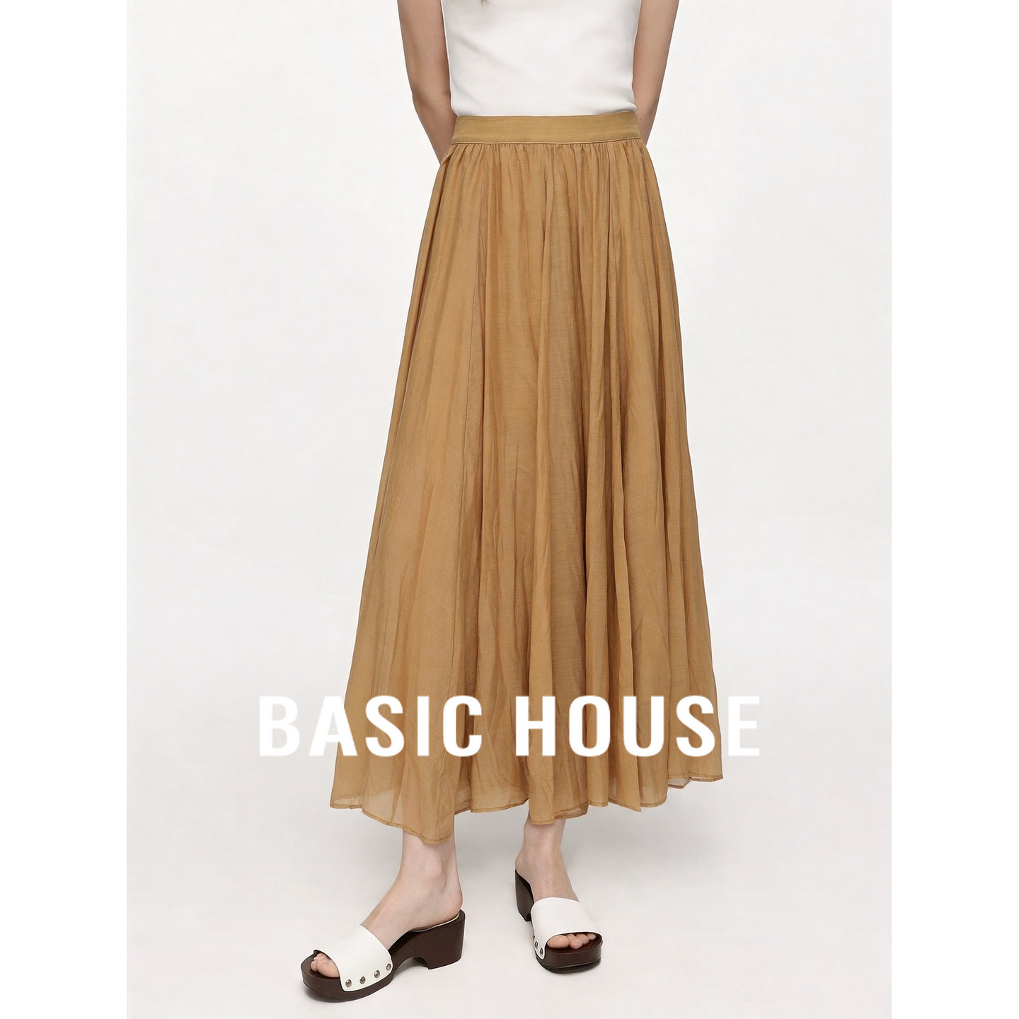 Basic House/百家好极简风高腰半身裙中长款A字显瘦垂感优雅长裙