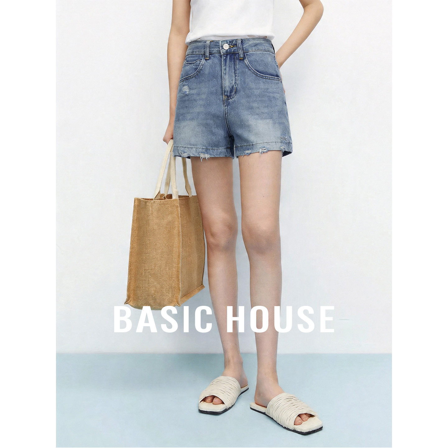 Basic House/百家好蓝色高腰小众设计短裤女夏季流行超好看牛仔裤