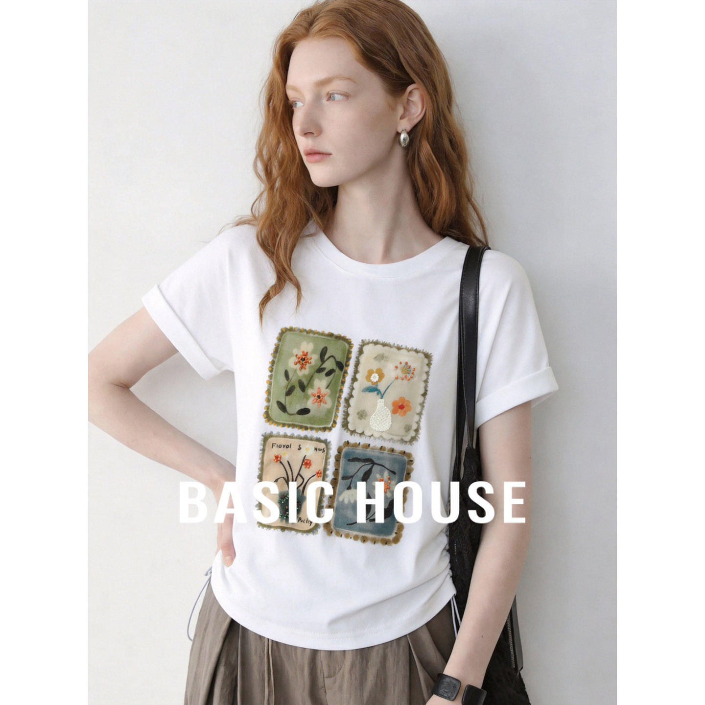 Basic House/百家好花卉印花短袖T恤女夏季文艺风U领收腰短款上衣
