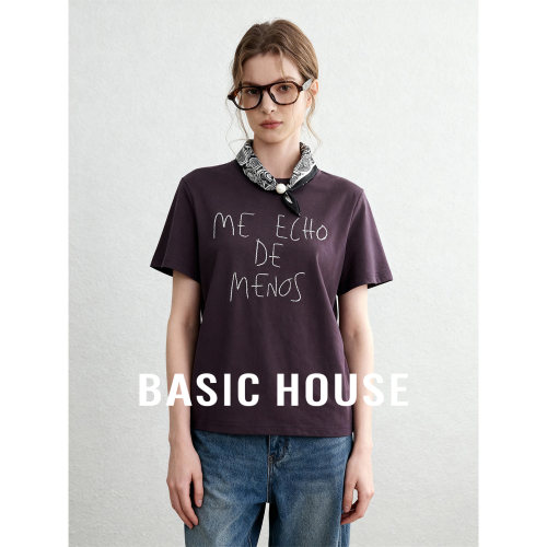 Basic House/百家好圆领字母印花短袖T恤女春季新款休闲百搭上衣