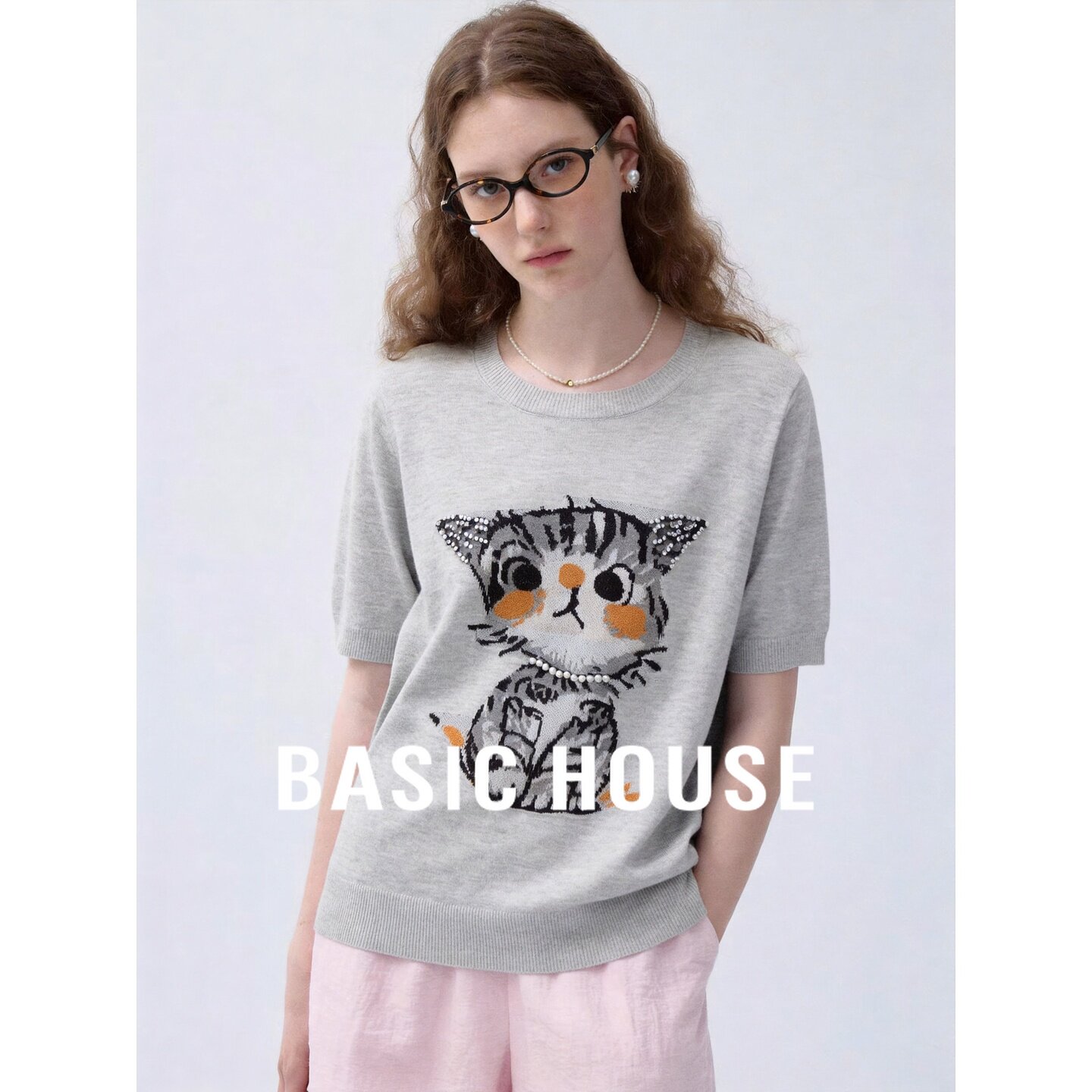 Basic House/百家好猫咪珍珠短袖针织衫女夏季新款灰色圆领上衣
